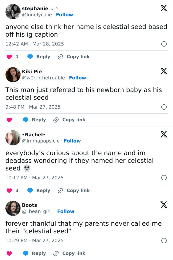Tweets reacting humorously to the birth announcement and "Celestial Seed" name confusion. Tweets reacting humorously to the birth announcement and "Celestial Seed" name confusion.