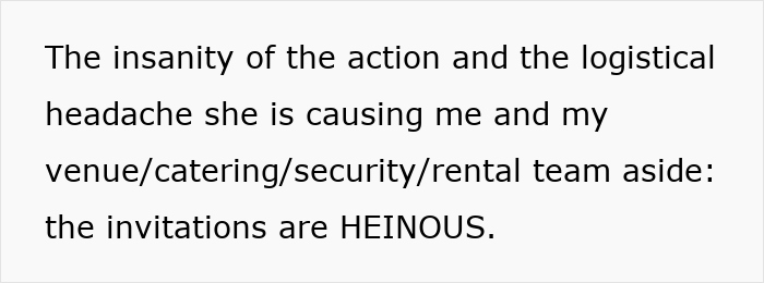 Text discussing logistical issues and dissatisfaction with wedding invitations. Text discussing logistical issues and dissatisfaction with wedding invitations.