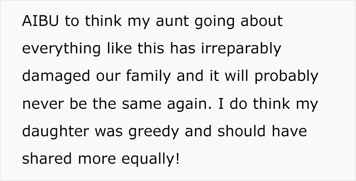 Text expressing family conflict over aunt's fortune, mentioning greed and damage to family relations. Text expressing family conflict over aunt's fortune, mentioning greed and damage to family relations.