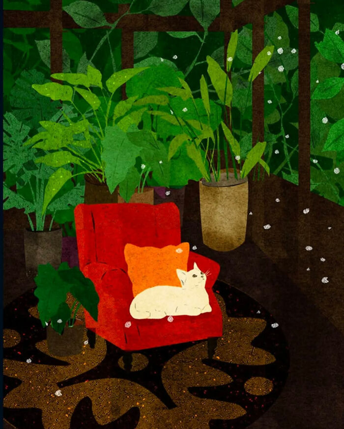 Serene illustration by Vietnamese artist featuring a cat on a red chair surrounded by lush green plants.