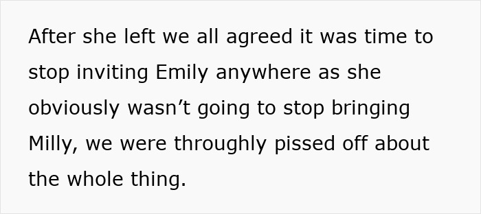 Text expressing frustration over Emily bringing her child to events. Text expressing frustration over Emily bringing her child to events.