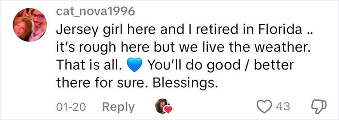 Comment about moving to a blue state, discussing retirement in Florida and weather preferences, with heart emojis. Comment about moving to a blue state, discussing retirement in Florida and weather preferences, with heart emojis.