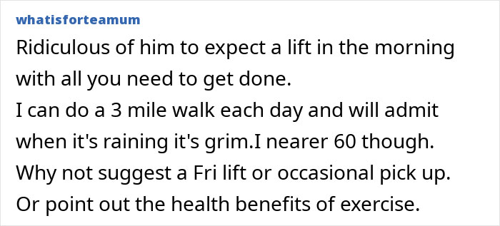 Text discussing husband's demand for work rides and suggesting alternatives like occasional lifts or promoting exercise benefits. Text discussing husband's demand for work rides and suggesting alternatives like occasional lifts or promoting exercise benefits.