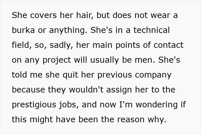 Muslim Employee Won’t Meet Male Client Alone, Cites Religion As A Factor, Boss Unsure What To Do Muslim Employee Won’t Meet Male Client Alone, Cites Religion As A Factor, Boss Unsure What To Do