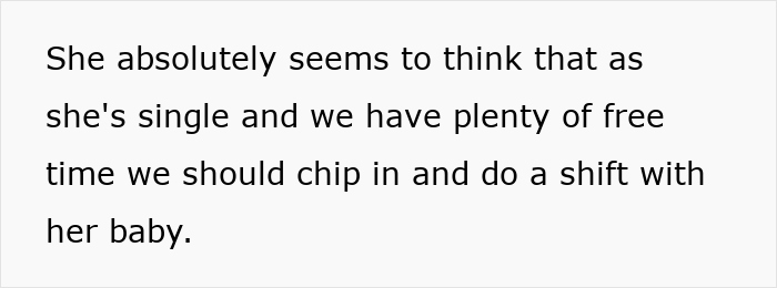 Text excerpt discussing a childfree group facing baby-related drama with a friend's expectation to babysit. Text excerpt discussing a childfree group facing baby-related drama with a friend's expectation to babysit.