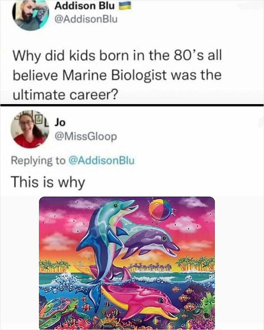 Colorful meme with dolphins, highlighting the humor in 80s kids' marine biologist dreams.