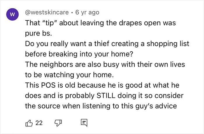 User comment discussing home protection tips and burglary prevention advice. User comment discussing home protection tips and burglary prevention advice.