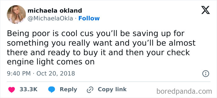 Tweet about broke people jokes, humorously describing saving money before an unexpected expense.