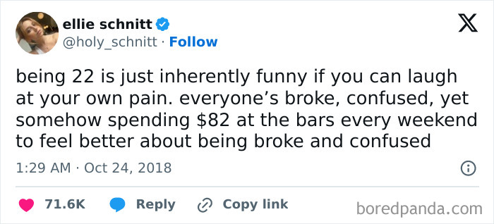 Tweet humorously talks about broke people joking about spending $82 at bars every weekend despite being broke and confused.