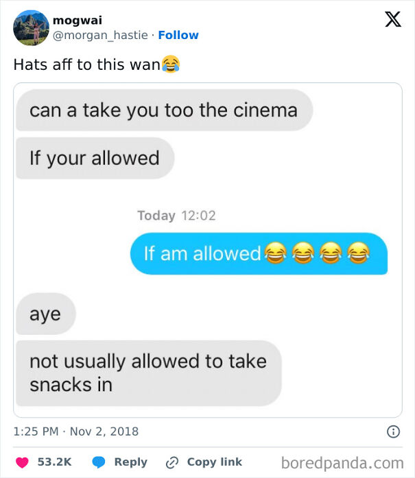 Scottish humor in text conversation about going to the cinema with snacks, featuring emojis and a funny reply.