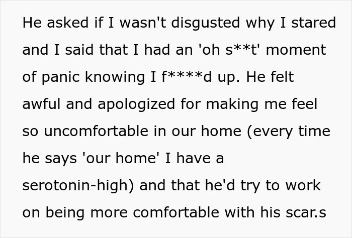 Text message about a boyfriend apologizing for discomfort over burn scars, expressing commitment to feeling at home. Text message about a boyfriend apologizing for discomfort over burn scars, expressing commitment to feeling at home.