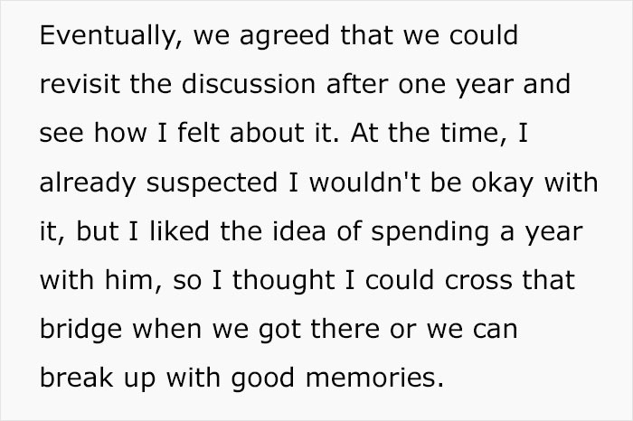 Text about revisiting a relationship discussion after a year, expressing doubts about an open relationship. Text about revisiting a relationship discussion after a year, expressing doubts about an open relationship.