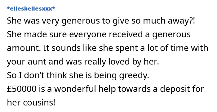 Text exchange about woman leaving a fortune to her niece, discussing generosity and family impact. Text exchange about woman leaving a fortune to her niece, discussing generosity and family impact.