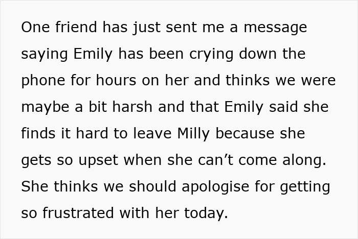 Text message about a woman excluded from a friend group after bringing her child to a kid-free spa day. Text message about a woman excluded from a friend group after bringing her child to a kid-free spa day.