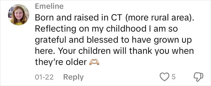 Comment about moving to a blue state highlights gratitude for rural CT upbringing. Comment about moving to a blue state highlights gratitude for rural CT upbringing.