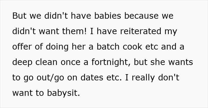 Text expressing childfree perspective on avoiding babysitting in a friend group discussion about babies. Text expressing childfree perspective on avoiding babysitting in a friend group discussion about babies.