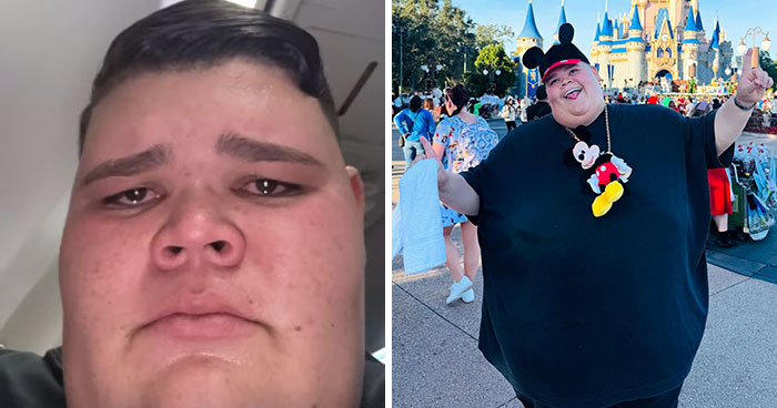 Plus-size customer in two contrasting moments: looking upset indoors and joyful at a theme park wearing Mickey Mouse ears. Plus-size customer in two contrasting moments: looking upset indoors and joyful at a theme park wearing Mickey Mouse ears.