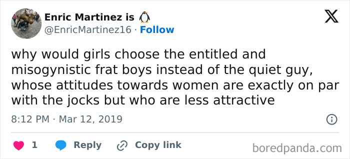 Tweet challenging sexism by questioning dating choices and attitudes towards women.