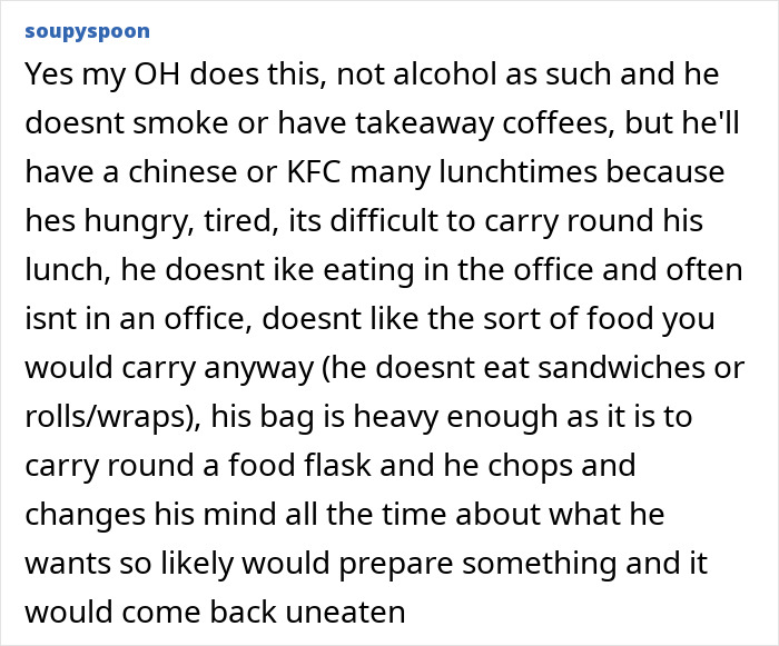 Text discussing husband's spending on lunch and coffee options like Chinese or KFC instead of carrying food to work. Text discussing husband's spending on lunch and coffee options like Chinese or KFC instead of carrying food to work.