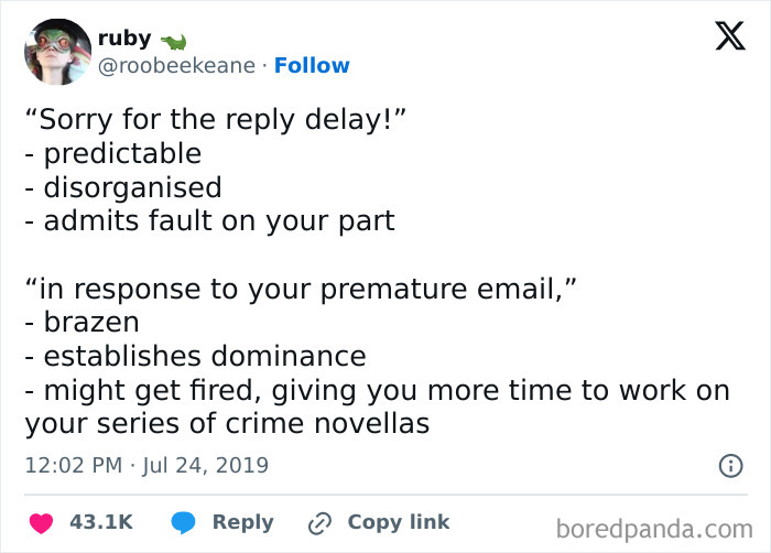 Text exchange showcasing humorous work-email-jokes with responses to email delays.