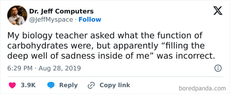 Biology meme featuring a humorous take on the function of carbohydrates shared by a user.