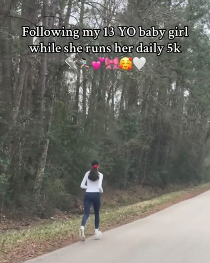 Mom follows daughter during her 5k run on a forest path, sparking important discussion. Mom follows daughter during her 5k run on a forest path, sparking important discussion.