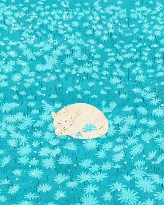 Serene illustration of a sleeping cat in a turquoise flower field, by a Vietnamese artist.