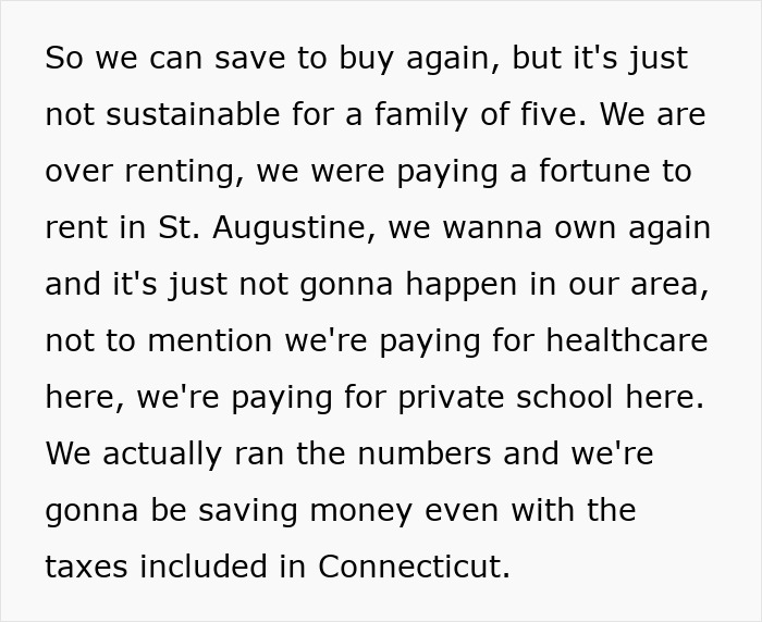 Text discussing a mom's reasons for moving to a blue state for cost savings, highlighting housing and education expenses. Text discussing a mom's reasons for moving to a blue state for cost savings, highlighting housing and education expenses.