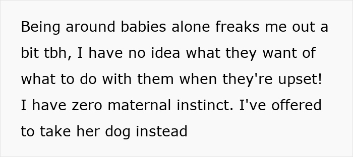 Text expressing discomfort around babies and offering to care for a dog instead, highlighting childfree perspectives. Text expressing discomfort around babies and offering to care for a dog instead, highlighting childfree perspectives.