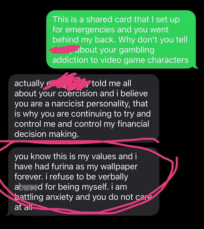 Text message exchange about control issues and financial decision-making. Text message exchange about control issues and financial decision-making.