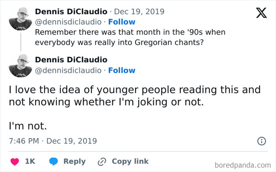 A funny meme about '90s Gregorian chants nostalgia and its humor.