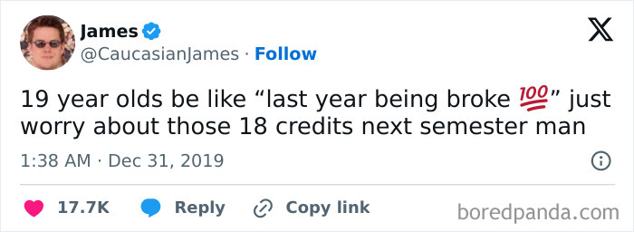 Tweet joking about broke people, focusing on college students' financial struggles versus credit load concerns.
