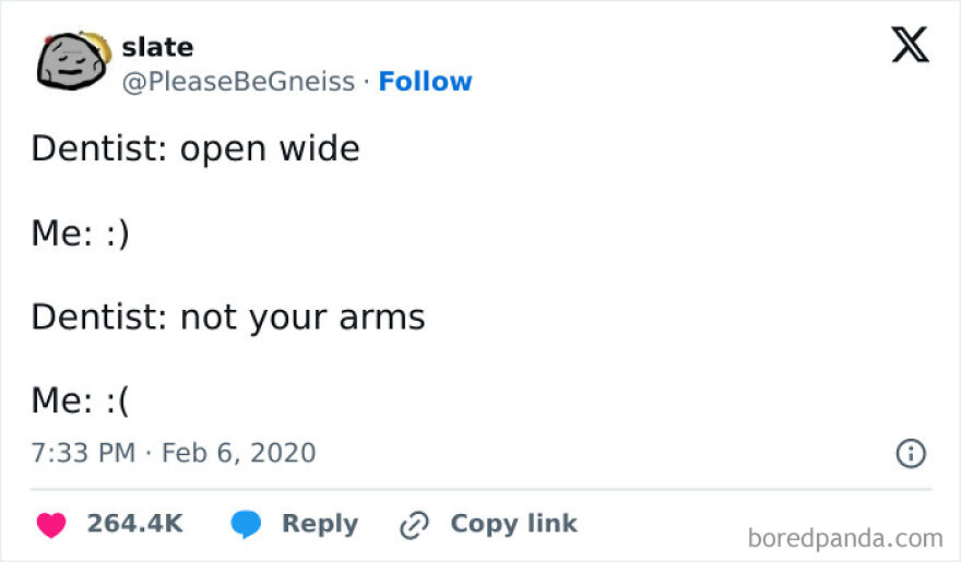 Humorous meme about a dentist visit with a miscommunication on opening wide, featuring emojis for comic effect.