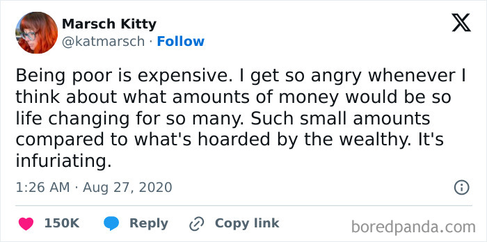 Tweet about the irony of poverty and wealth, highlighting broke people jokes.