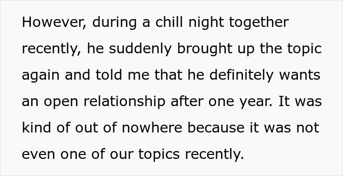 Text discussing a sudden desire for an open relationship, surprising the partner. Text discussing a sudden desire for an open relationship, surprising the partner.