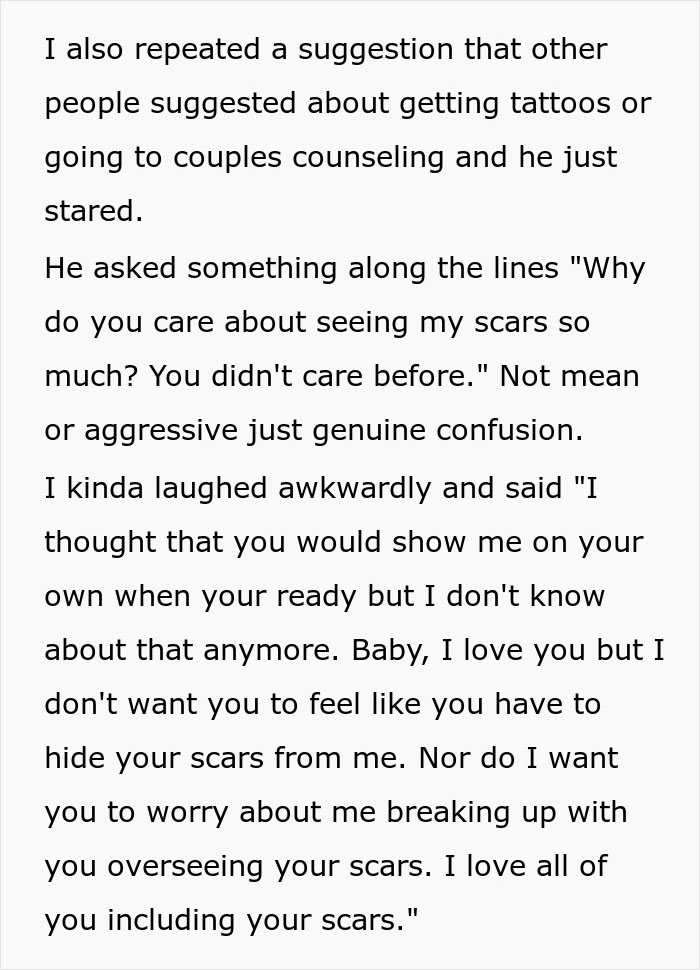 Text about a discussion of burn scars, addressing concerns about hiding scars and relationship acceptance. Text about a discussion of burn scars, addressing concerns about hiding scars and relationship acceptance.