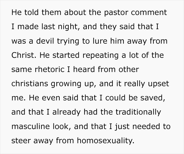 Text screenshot discussing a pastor's comments on homosexuality and religious beliefs. Text screenshot discussing a pastor's comments on homosexuality and religious beliefs.