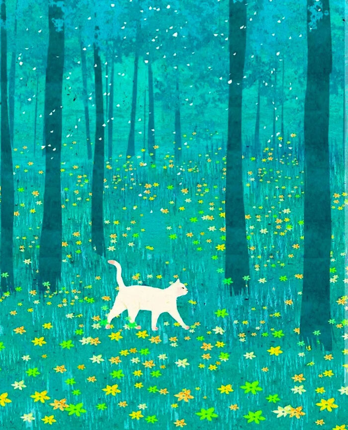 A white cat walks through a serene, flower-filled forest, capturing a sense of solitude in Vietnamese art.