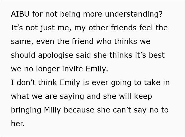 Text discussing a woman excluded from a friend group after bringing her child to a kid-free spa day. Text discussing a woman excluded from a friend group after bringing her child to a kid-free spa day.