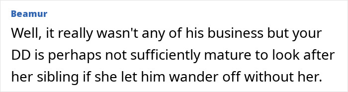 Text comment discussing responsibility and sibling supervision related to a man and kids supermarket disappearance. Text comment discussing responsibility and sibling supervision related to a man and kids supermarket disappearance.