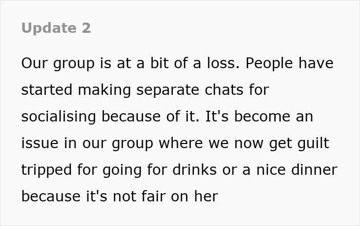 Text update discussing a childfree friend group experiencing drama over separate chats and socializing conflicts. Text update discussing a childfree friend group experiencing drama over separate chats and socializing conflicts.