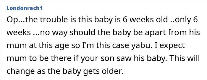 Text from Londonrach1 discussing a 6-week-old baby being apart from its mom. Text from Londonrach1 discussing a 6-week-old baby being apart from its mom.
