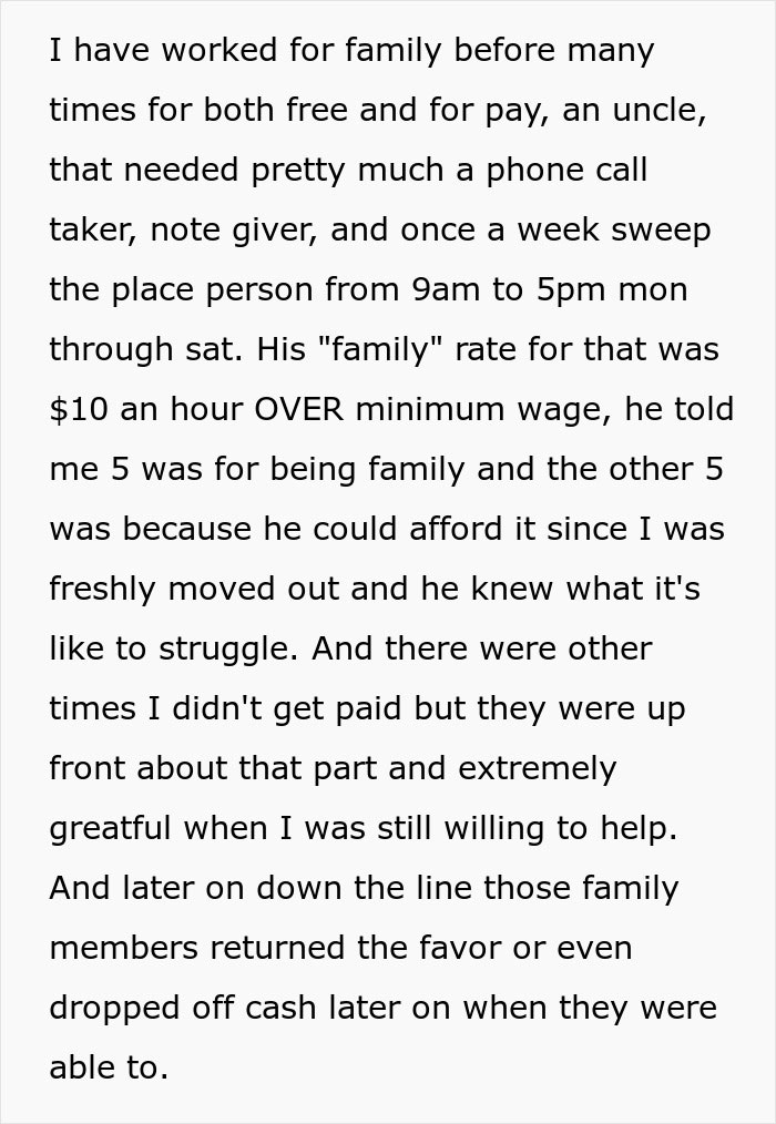 Text detailing an experience of low pay and family expectations, emphasizing struggle and gratitude for returned favors. Text detailing an experience of low pay and family expectations, emphasizing struggle and gratitude for returned favors.