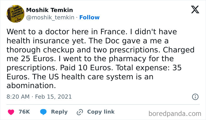 Social media post humorously comparing health expenses abroad to the US, highlighting broke people jokes.