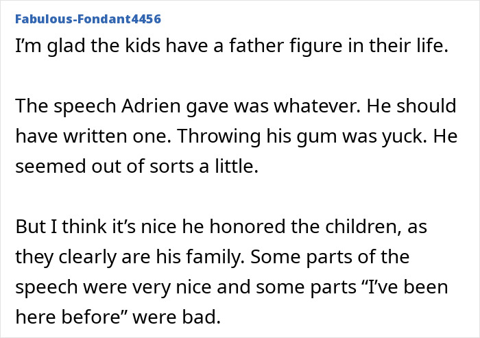 Reddit user's comments on Adrien Brody's Oscars speech, mentioning his children. Reddit user's comments on Adrien Brody's Oscars speech, mentioning his children.