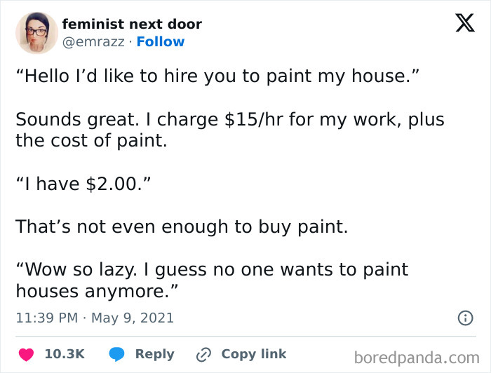 Text exchange joking about insufficient funds for painting, highlighting broke-people-jokes.