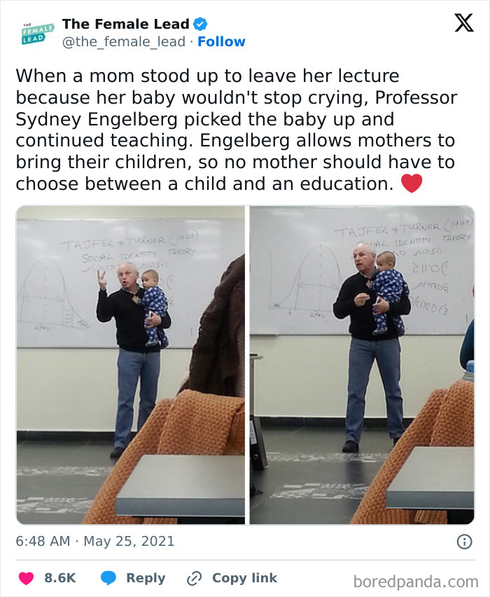 Professor holding a baby during class, illustrating fascinating facts about inclusive education.