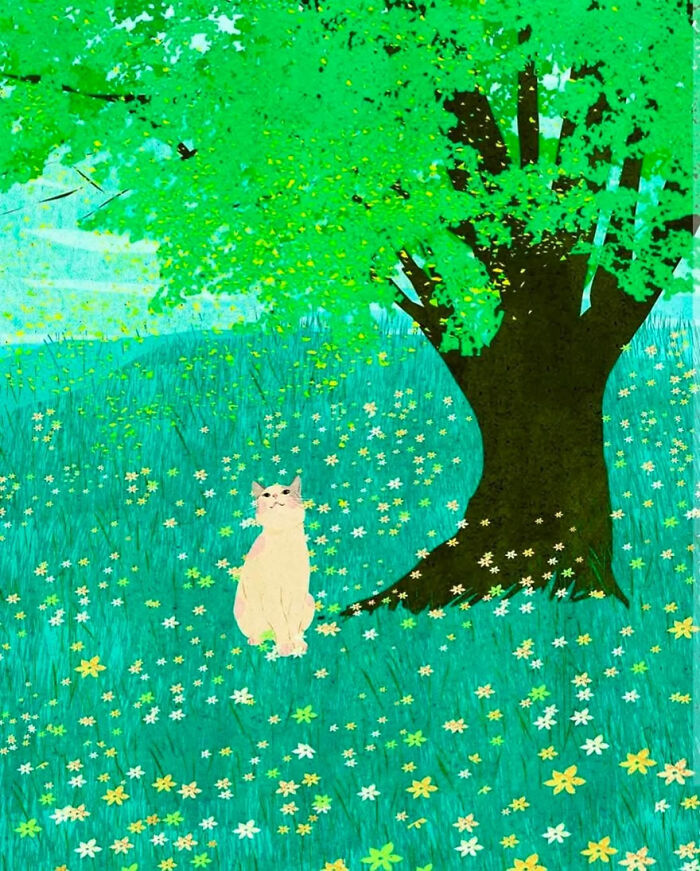 A serene illustration by a Vietnamese artist featuring a cat under a tree in a flower-strewn meadow.