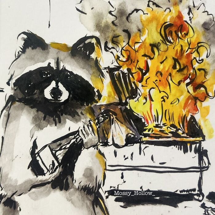 Sassy raccoon watercolor painting with pop culture reference, holding a match by a dumpster fire.