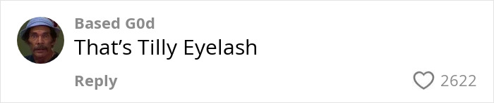 Comment about a Billie Eilish look-alike saying, "That's Tilly Eyelash," with 2622 likes shown. Comment about a Billie Eilish look-alike saying, "That's Tilly Eyelash," with 2622 likes shown.